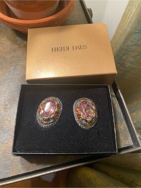 Heidi Daus Pink and Multicolor Crystal Oval Statement Clip on Earrings